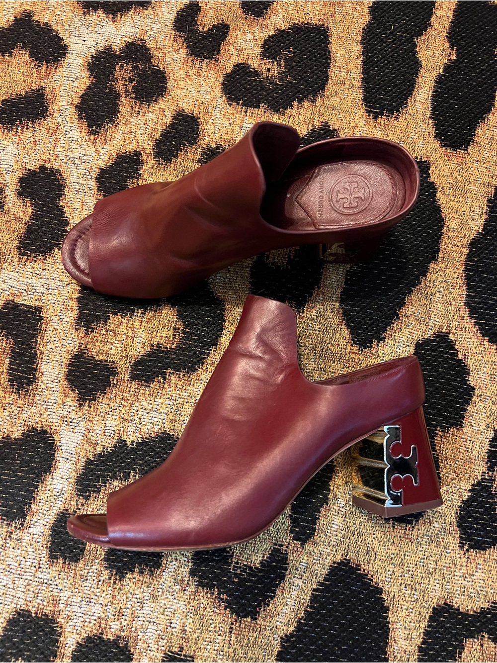 Tory Burch Women's Burgundy Leather Peep-Toe Mule